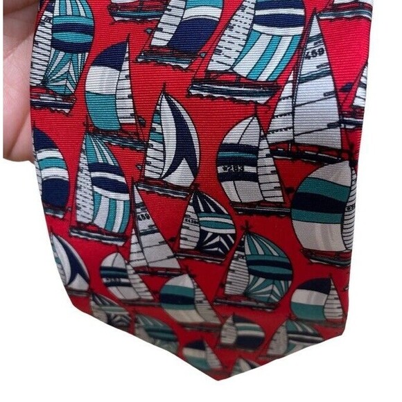 LIBERTY London Sailboat Silk Tie Wide Nautical Red Navy Blue Coastal Preppy EUC - Picture 2 of 9